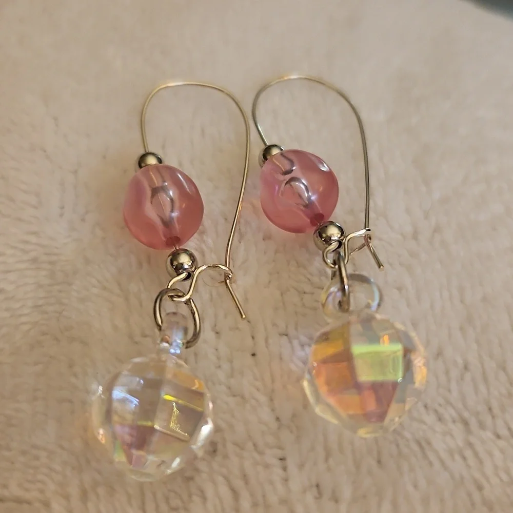 3/$30 HANDCRAFTED Silver and Pink Beaded Disco Ball Hoop Earrings